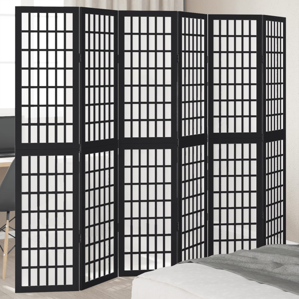 Room Divider 6 Panels Black Solid Wood Paulownia